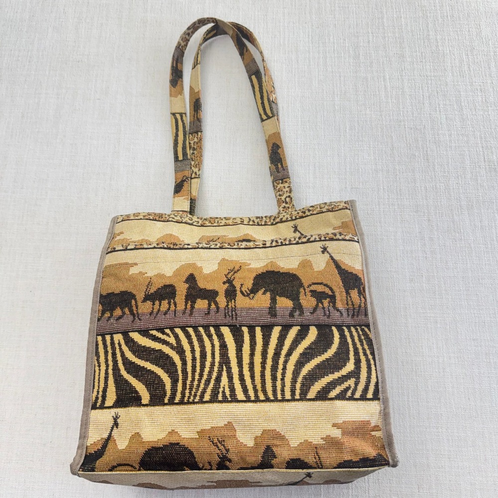Jade African Safari Vintage Tapestry Tote Bag Woven Safari Print Brown